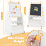 This childrens painting easel includes storage shelf, bookcase, a magnetic whiteboard, blackboard and paper roll to practice masterpieces.