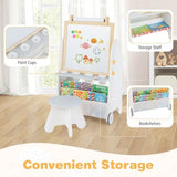 This childrens easel includes storage shelf, bookcase, a magnetic whiteboard, blackboard and paper roll to practice masterpieces.