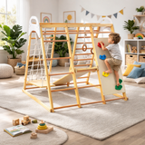 Children's 8-in-1 Eco Wood Montessori Climbing Gym with Swing | Slide | Climbing Wall | Monkey Bars | Natural | 3 Years+