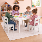 Kids white wooden table and four chairs set with two white and two soft grey chairs