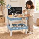 Children’s blue wooden workbench with 61-piece tool and parts set