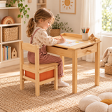 Scandinavian kids wooden desk and chair set with hidden storage