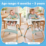 Reclining baby highchair with padded seat and adjustable backrest positions