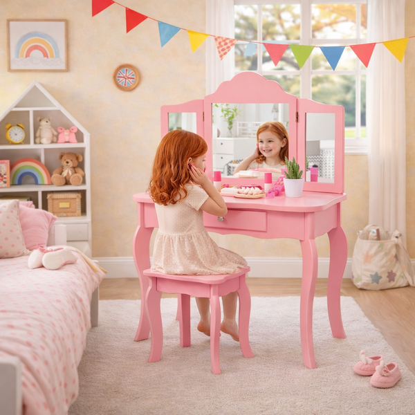 Pink Vanity Table with Tri-Folding Mirrors