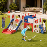 Blue and red kids climbing frame with enclosed steps