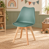 Green children’s desk chair with padded seat and curved backrest