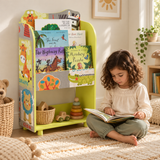 Four-year-old girl reading on a cream rug beside a safari bookcase and toy storage unit.