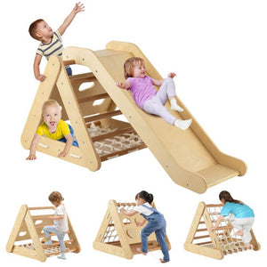 parque infantil infantil de madera de abedul ecológico 4 en 1 | Triángulo, tobogán y escalador Montessori Pikler | Madera natural