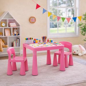 Tavolo Per Bambini Con 4 Sedie In Plastica HDPE E ABS - Regolabile In Altezza, Colore Legno, Portata 100kg, Per Bambini Dai 2 Anni In Su