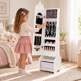 Freestanding unicorn mirror with white frame and storage bin