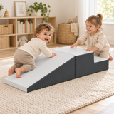 Two-piece toddler soft play set with low foam steps and a gentle slide ramp