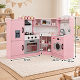 - Pink wooden corner play kitchen with fridge, oven, microwave, sink and washing machine, shown with dimensions.
