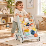One-year-old toddler pushing wooden Montessori baby walker in playroom