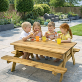 Wooden outdoor play table with hidden sandpit