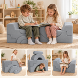 Children playing on grey soft play steps ramp and climbing arch