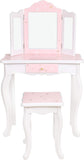 Girls Dressing Table With Mirror and Stool, Childrens White/ Pink Star Prints Wooden Kids Vanity Table with Crystal Knobs Childs Dressing Table Set for a Kid, Children