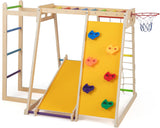 Wooden climbing frame with reversible slide and rock-climbing wall