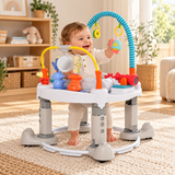 One year old baby playing in 4-in-1 activity centre with 360 degree rotating seat