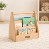 Natural mini kids bookcase with front-facing children’s books