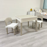 Conjunto de mesa e 2 cadeiras Montessori infantil 5 em 1 | Poço de areia e água | Lego | Topo para limpeza a seco | Cinza e Branco