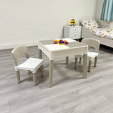 Montessori 5-in-1-Tisch- und 2-Stühle-Set | Sand- und Wassergrube | Lego | Trocken abwischbare Oberseite | Grau weiß
