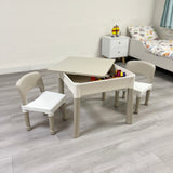 Barn Montessori 5-i-1 bord og 2 stoler sett | Sand- og vanngrav | Lego | Tørr tørketopp | Grå og hvit