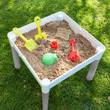 Barnesett 5-i-1 bord og 2 stoler | Sand- og vanngrav | Lego | Tørr tørketopp | Grå og hvit