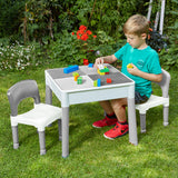 बच्चों की मोंटेसरी 5-इन-1 टेबल और 2 कुर्सियों का सेट | रेत और पानी का गड्ढा | लेगो | ड्राई वाइप | ग्रे और सफेद