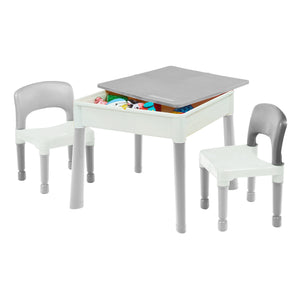 बच्चों की मोंटेसरी 5-इन-1 टेबल और 2 कुर्सियों का सेट | रेत और पानी का गड्ढा | लेगो | ड्राई वाइप टॉप | धूसर सफेद