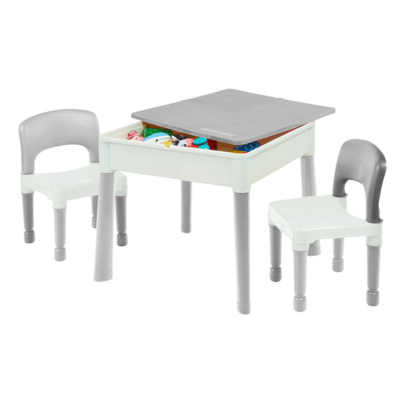 Childrens Montessori 5-in-1 Table & 2 Chairs Set | Sand & Water Pit | Lego  | Dry Wipe Top | Grey & White