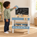 Blue wooden kids’ tool bench with blackboard and toy tools