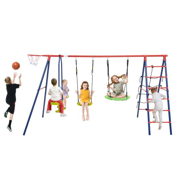 6-in-1 Children's Heavy Duty Pikler Swing Set | Climbing Ladder | Seesaw | Basketball Hoop | Green | 3-12 Yrs