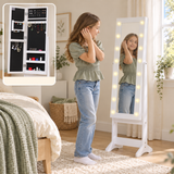 White freestanding full-length mirror with 16 large LED marquee lights