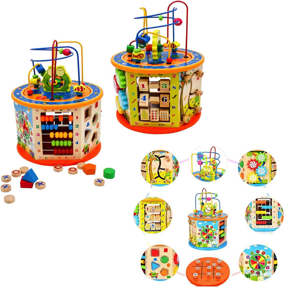 Large 8-in-1 Deluxe Wooden Activity Play Cube | Montessori Sensory Busy Board