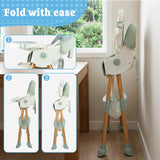 Foldable sage green highchair demonstrating compact space-saving storage design