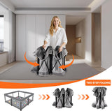 Grey collapsible baby playpen for indoor and outdoor uses