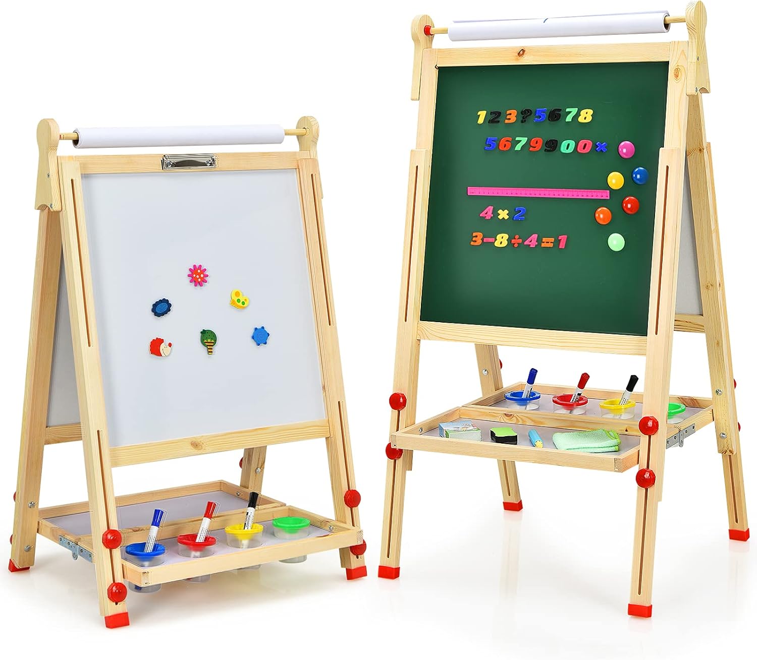 Kids Art Easel - Height Adjustable Double-Sided Magnetic Whiteboard & Chalkboard With Paper Roll