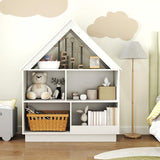 Kids house shaped bookshelf with open toy storage compartments