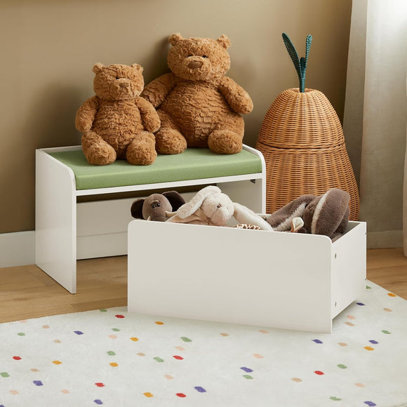 SoBuy KMB80-W, Children Kids Storage Bench with Seat Cushion and Mobile Storage Chest, Toy ChestMontessori Toy Box | Toy Chest with Seat Cushion | Mobile Storage Unit | White