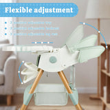 Adjustable baby high chair with a light mint green and white plastic seat frame, natural wood legs, and a matching storage basket, shown with feature callouts and the text 'Flexible adjustment' on a blurred indoor background.