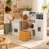 White and natural wooden kids kitchen with laundry unit