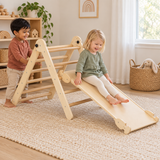 Natural wooden 4-in-1 climbing frame in a neutral Scandinavian playroom