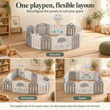 Modular car-themed baby playpen shown in rounded, rectangular and square layouts