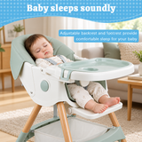Baby sitting in sage green highchair enjoying mealtime with mum in a modern kitchen