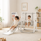 White 3-in-1 toddler swing and slide set with basketball hoop