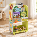 Safari children’s bookcase with front-facing books and toys in a neutral Little Helper playroom.