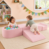 Children’s pink indoor soft-play set with five rearrangeable foam climbing pieces