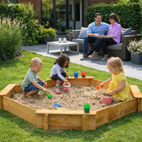 Extra Large Heavy Duty Pre-treated Wooden Sandpit with Seats & Rain Cover | 1.8m diameter | 18m+