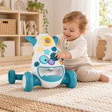 One-year-old child using blue baby push walker in neutral playroom