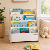 Kids front-facing bookshelf in neutral playroom